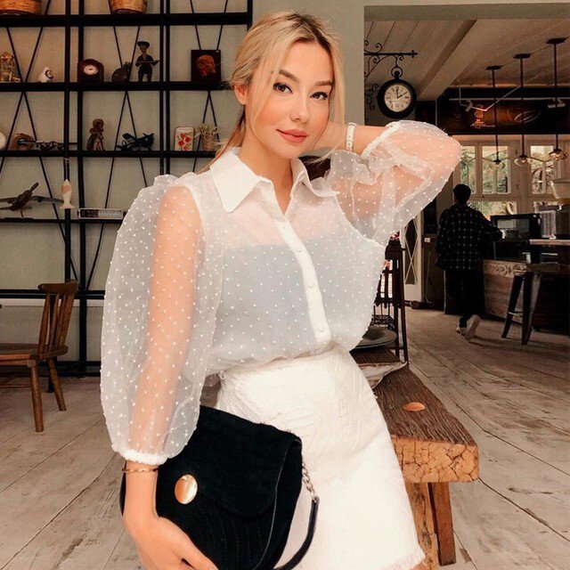 レディースポルカドットシースルーメ...