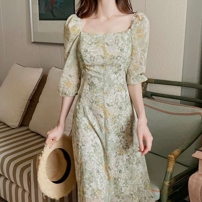【送料無料】レディース ローズ スクエアネック ワンピース 花柄 パフスリーブ バックリボン ロング 大人可愛い ママコーデ ママファッション 韓国 オルチャンファッション 人気 トレンド 新作 20代 30代 40代 きれいめ レトロ シンプル 無地 定番 お出かけ デート おしゃれ
