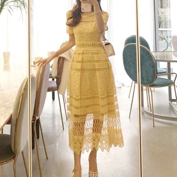 レディースイエローレースワンピース...