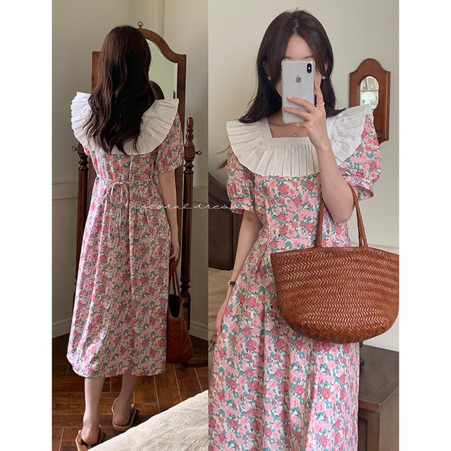 【送料無料】レディース ワンピース サマー スタンダード プリーツカラー Flowerデザイン ドレス パフスリーブ バックリボン 大人可愛い ママコーデ ママファッション 韓国系 オルチャン 人気 トレンド 新作 20代 30代 40代 きれいめ レトロ シンプル お出かけ デート