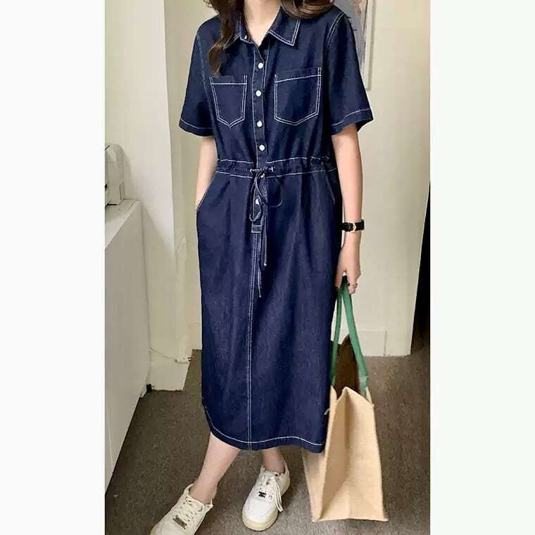 【送料無料】レディース ウエストギャザーリボン 半袖 デニムシャツ ワンピース 半袖 ロング 大人可愛い ママコーデ ママファッション 韓国系 オルチャン 人気 トレンド 新作 20代 30代 40代 きれいめ レトロ シンプル お出かけ デート おしゃれ 通勤 通学 オフィス OL cocosmile123-10002697 ココスマイル サンプル画像3