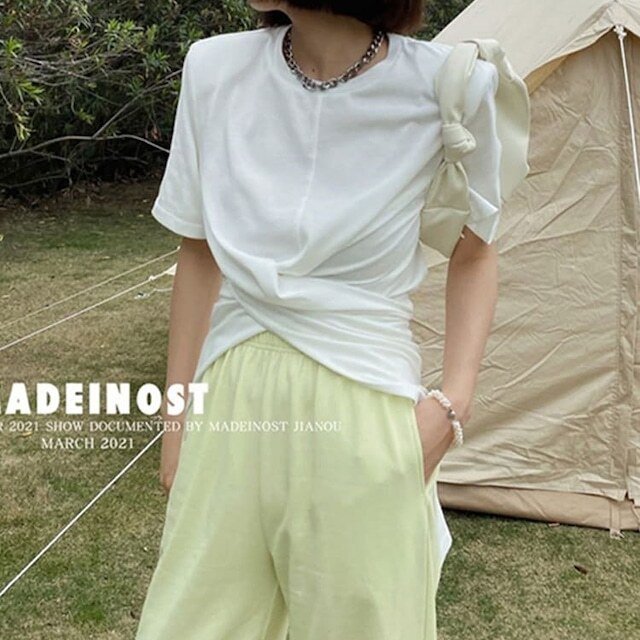 【送料無料】レディース 3color フロントスリット入り Tシャツ ラウンドネック 半袖 カシュクール 大人可愛い ママコーデ ママファッション 韓国系 オルチャン 人気 トレンド 新作 20代 30代 40代 きれいめ レトロ シンプル お出かけ デート おしゃれ 通勤 通学 オフィス OL