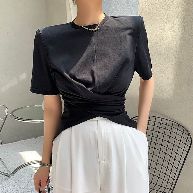 【送料無料】レディース 3color フロントスリット入り Tシャツ ラウンドネック 半袖 カシュクール 大人可愛い ママコーデ ママファッション 韓国系 オルチャン 人気 トレンド 新作 20代 30代 40代 きれいめ レトロ シンプル お出かけ デート おしゃれ 通勤 通学 オフィス OL