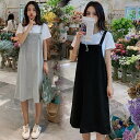 【送料無料】マタニティ セットアップ ワンピース Tシャツ + サロペットスカート ジャンパースカート カジュアルワンピースセット 半袖 ポケット レディース ...