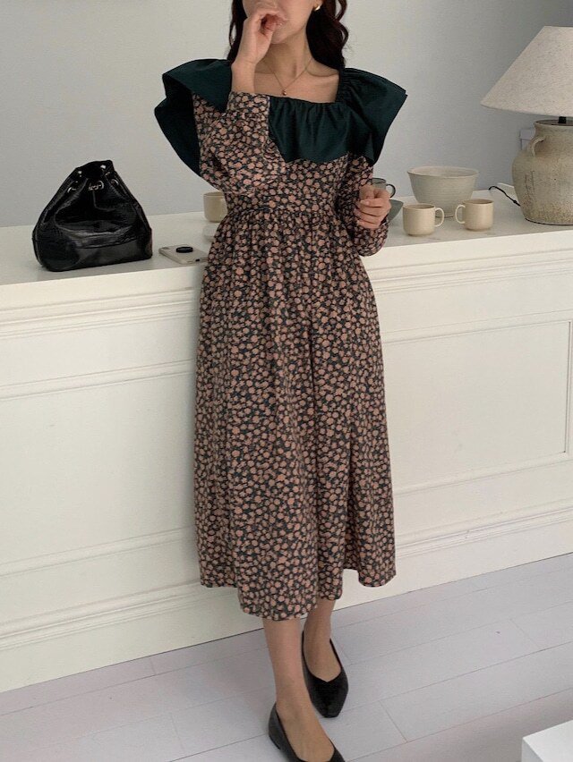 【送料無料】レディース 花柄 フリル ロング ワンピース スクエアネック フリルネック ウエストリボン 大人可愛い ママコーデ ママファッション 韓国系 オルチャン 人気 トレンド 新作 20代 30代 40代 きれいめ レトロ シンプル お出かけ デート おしゃれ 通勤 通学 オフィス