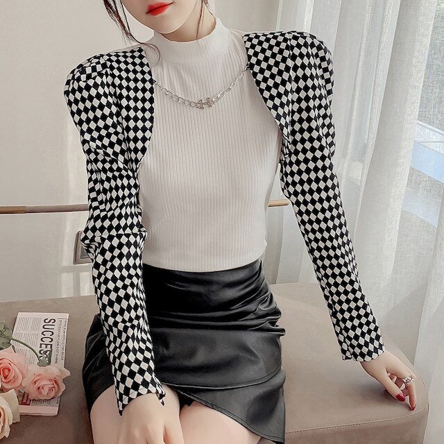 Turtleneck - 【送料無料】レディース パフスリーブ 切り替え ニットトップス ハイネック バイカラー 長袖 レイヤード風 大人可愛い ママコーデ ママファッション 韓国系 オルチャン 人気 トレンド 新作 20代 30代 40代 きれいめ レトロ シンプル お出かけ デート おしゃれ 通勤 通学