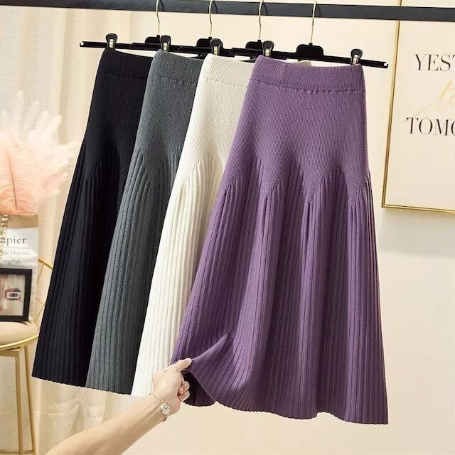 レディースリブニットプリーツスカー...