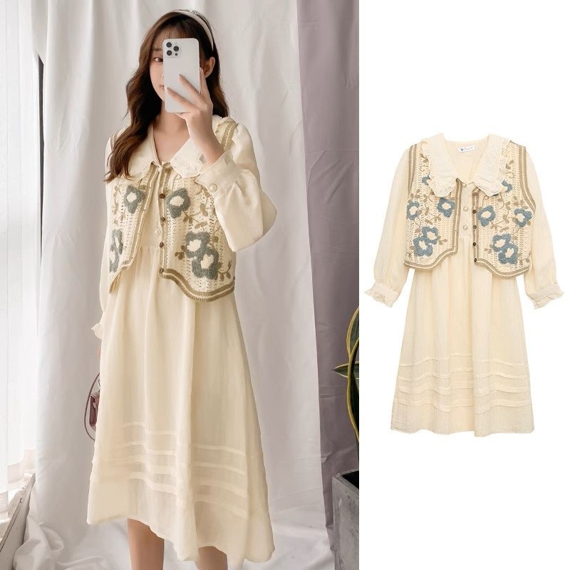 セットアップ マタニティ 授乳口付き ワンピース + ニット ベスト ビッグカラー 花柄 バルーンスリーブ パフスリーブ フレア ロング丈 レディース 大人可愛い ママコーデ ママファッション ママ服 マタニティウェア 人気 ゆったり 大きいサイズ デイリー 普段着 お出かけ