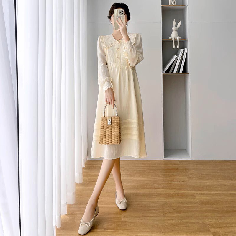 セットアップ マタニティ 授乳口付き ワンピース + ニット ベスト ビッグカラー 花柄 バルーンスリーブ パフスリーブ フレア ロング丈 レディース 大人可愛い ママコーデ ママファッション ママ服 マタニティウェア 人気 ゆったり 大きいサイズ デイリー 普段着 お出かけ