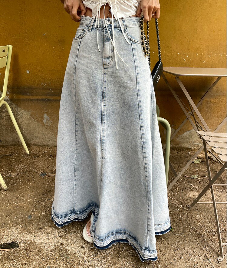 【6780円→5,763円期間限定！15％OFFクーポン】デニムスカート デニム マキシスカート フレア ロングスカート 裾フリンジ 切り替え パッチワーク ユーズド加工 Aライン ヴィンテージライク Y2K 韓国ファッション 大人可愛い カジュアル ココスマイル 30代 40代 ファッション