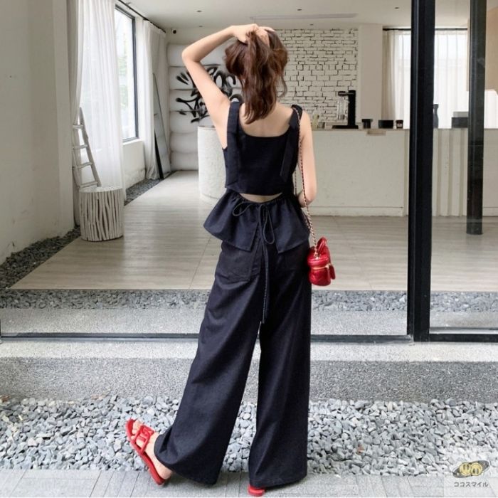 [¥10,680 → ¥8,758 Limited Time Offer! 18% OFF Coupon] Women's Denim Set-up: Backless Peplum Bustier with Shoulder Straps, Camisole, Wide Pants, Sleeveless, Cute and Casual Style, Korean Fashion, Coco Smile, for Women in their 30s and 40s