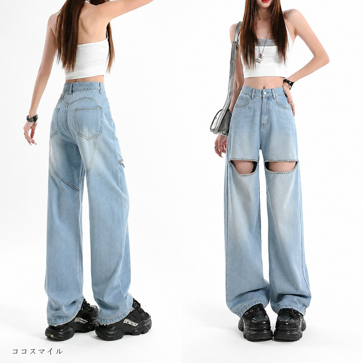 Rakuten - 【8280円→6,790円期間限定！18％OFFクーポン】カットアウトデニム ビジュー デニム レディース カットアウトビジューデニム 大きいサイズXS～2XL キラキラパンツ ステージ衣装 個性的 韓国ストリート Y2K 参戦服 コスマイル 20代 30代 40代