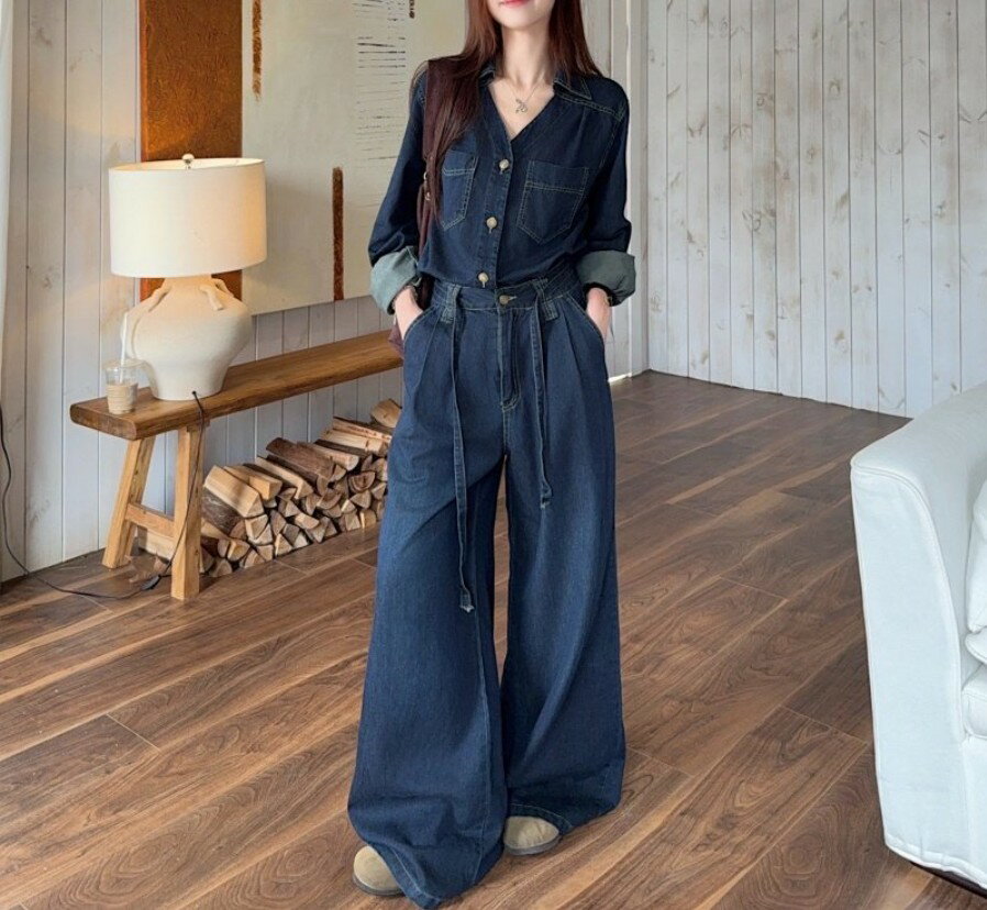 【2/24春節明け順次発送！】【9980円→7,984円20％クーポン！】デニムセットアップ レディース 長袖 デニムシャツ ワイドパンツ 上下セット ルーズ ゆったり オーバーサイズ 韓国 ファッション 大人カジュアル 30代 40代 おしゃれ 大人可愛い 休日 旅行 お出かけ