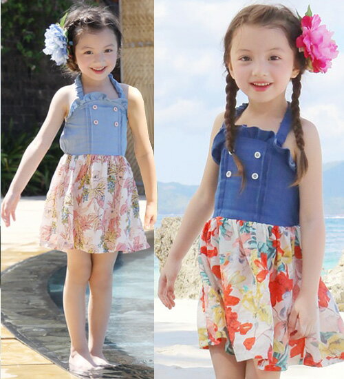 【ワケアリ】【ラドルチェー ワンピース】【お客様のリクエストで今季再入荷】ウエスト切り替えがポイントのデニム地×花柄の絶妙な可愛いコーデのホールドネックワンピー...