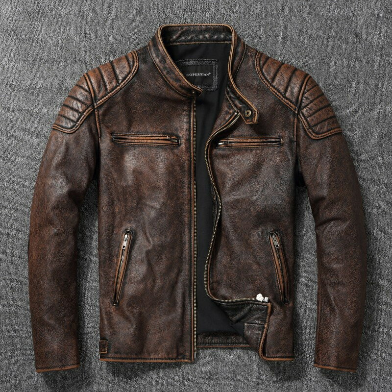 Leather Jacket - メンズ ジャケット 本革 レザー 牛革 革ジャンメンズジャケット 大きいサイズ 男性ライダース ショートコート M-5XL メンズファッション シングル ビッグサイズ ブルゾン 防寒 アウター ブラウン 送料無料 海外通販