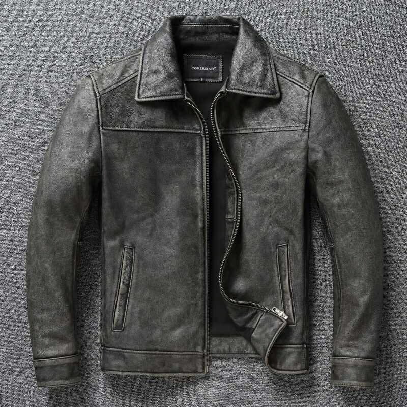 Leather - ジャケット M-6XL 本革 メンズ レザー 牛革 男性ライダース ショートコート シングル メンズジャケット 大きいサイズ 革ジャン メンズファッション ビッグサイズ ブルゾン 防寒 アウター グレー 送料無料 海外通販