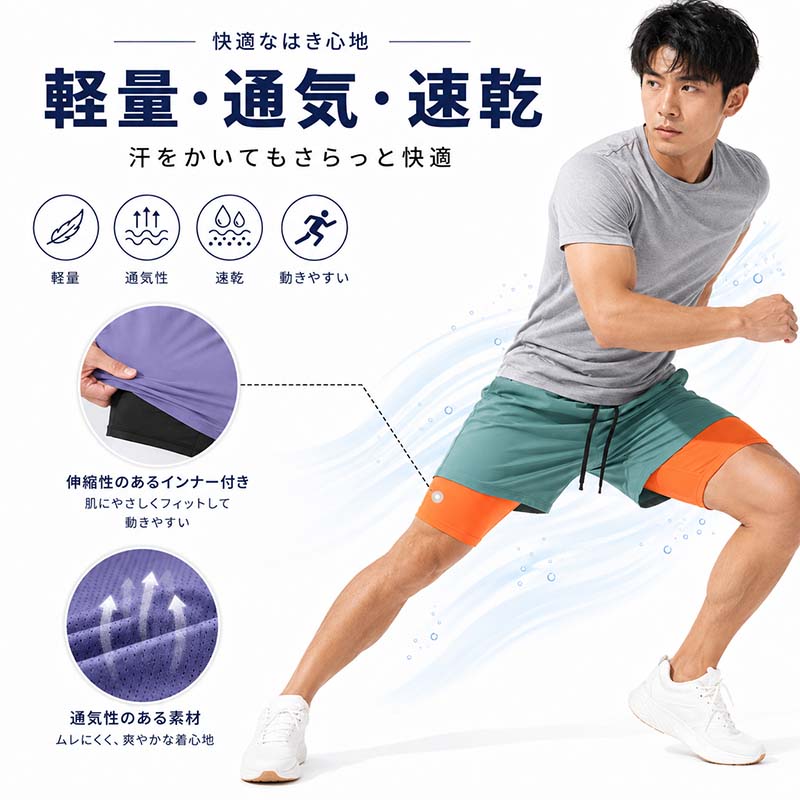 メンズ ショートパンツ ハーフパンツ スポーツウェア 2in1 インナー付き ジム用 ジ...