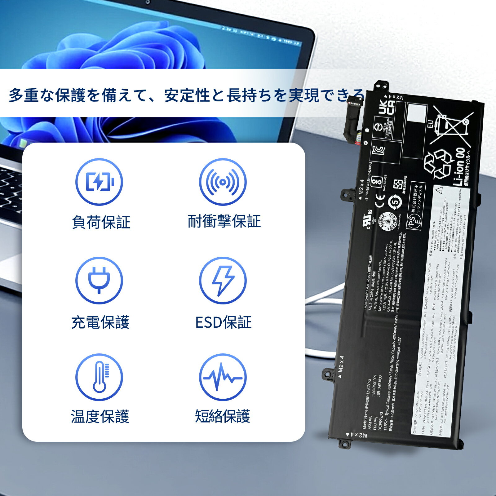 【500円OFF&P10倍】新品 Lenovo ThinkPad P14s Gen 2nd 互換バッテリー【51Wh 11.55V】対応用 1年保証 高性能 PSE認証 互換バッテリパック YBY340 2025BY-XIJPA