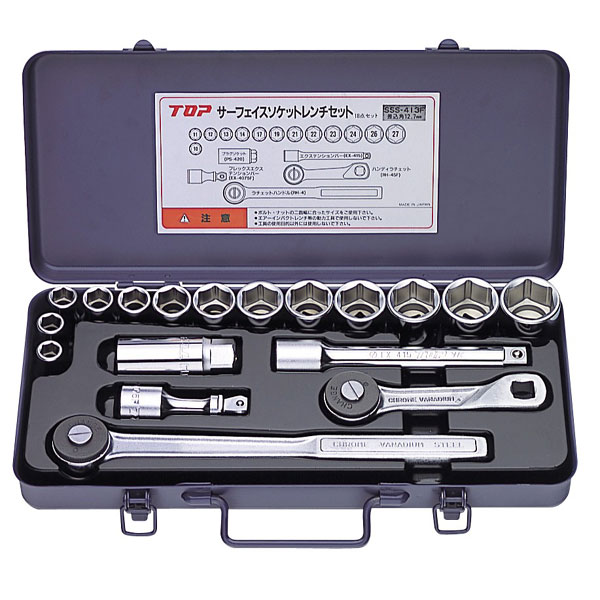TOP(トップ)の一覧はこちら作業の効率化にフレックスタイプを□セット内容 10、11、12、13、14、17、19、21、22、23、24、26、27mm(6角)ラチェットハンドル　RH-4ハンディラチェットフレックスタイプ　RH-4SFエクステンションバー　EX-415フレックスエクステンションバー　EX-4075Fプラグソケット　PS-420JANCD:4975180781741【銀行振込・コンビニ決済】等前払い決済予定のお客様へ当商品は弊社在庫品ではなく、メーカー在庫品です。在庫確認後に注文確認を行い、お支払いのお願いを送信させて頂きます。休業日、14:00以降のご注文の場合は翌営業日に上記手続きを行います。お時間が掛かる場合がございます。