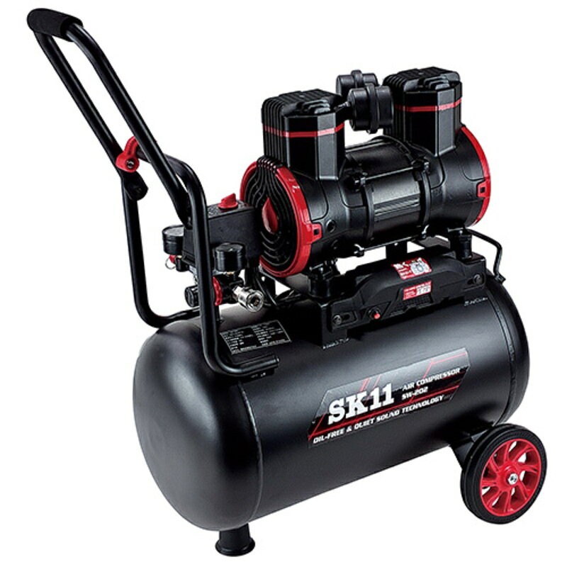 SK11(エスケー11)の一覧はこちら【受注生産品】当商品は受注生産品でございます。配送状況は目安の為、前後する場合がございます。※注文後のキャンセル・返品・交換はお受けできかねます。各種空圧工具、空圧機器作動用空気圧縮機。オイルを併用しないピストン・シリンダを採用したメンテナンス不要のオイルフリー式です。オイル量チェックや補充、交換などのメンテナンスが不要で、吐出口からエアーと一緒にコンプレッサオイルが出る心配は不要です。延長コード最大10m使える低電圧対応です(元電源の状態によって変わります)。タンク内圧表示計と吐出圧力表示計、2つの圧力計を装備、上方向から見やすい配置で、圧力調整器(レギュレーター)の操作で0～0.8MPaまで、用途や道具に合わせて任意の吐出圧力に調節できます。圧力スイッチ採用し、タンク内圧0.8MPaで自動停止、タンク内圧0.6MPaで自動再起動(電源スイッチON時)、エアーの過充填を防ぐ安全弁、過電流、高温からモーターを保護するサーキットプロテクター、サーモスタットを装備、移動に便利なタイヤ&折り畳み式キャリーハンドル付です。●定格電圧：AC100V・周波数：50/60Hz・消費電流：11.6/12.9A(50/60Hz)。●消費電力：1060/1280W(50/60Hz)・電動機サイズ：1.5kW。●モーター回転数：1430/1700min-1(50/60Hz)。●最高圧力：0.8MPa・圧力制御範囲：0.6～0.8MPa・タンク容量：35L・定格時間：連続。●騒音値(作動音)：67/69dB(機体端面から1.5m)・充填時間：約105秒(0-0.8MPa)・約30秒(0.6-0.8MPa)。●吐出空気量(50Hz)：(0MPa時)135L/分・(0.45MPa時)105L/分・(0.6MPa時)90L/分・(0.8MPa時)70L/分。●吐出空気量(60Hz)：(0MPa時)150L/分・(0.45MPa時)120L/分・(0.6MPa時)100L/分・(0.8MPa時)80L/分。●本体質量：約26kg・本体寸法：約幅354x高717×奥行615mm。●タイヤx2、タイヤ取り付け用ボルト、ナットx各2、ゴム足x1、ゴム足補助用キャップx1、ゴム足取り付け用ボルト、ナットx各1、フィルターx2。モーター起動時、再起動時は消費電力の3倍程度の電力が瞬間的に必要ですので、コンセントはコンプレッサ単独で使用し、他の電気製品と電力を共用しないでください。コンセントは分電盤からできるだけ近いものを使用してください。分電盤からコンセントまで距離がありますと、壁内で配線が延長状態となり、電圧降下となるおそれがあります。延長コードをご使用の場合はVCT被覆、芯線太さ2.0mm2以上のものをなるべく短く使用してください。元電源の状態によっては延長コードが使えない場合もあります。作業上延長が必要な場合は、ホースを長くすることをおすすめします。ホース延長も10mにつき0.1MPa圧力降下しますので、コンプレッサからの吐出圧力を上げてください。電源事情がよくない事で起動電流が高くなり3～5回以上作動したサーキットプロテクターは内部劣化で作動しやすくなっているおそれがありますので、電源事情を見直すと同時に交換してください。記載してある吐出空気量と、ご使用になる空圧工具、空圧機器の使用に必要な空気量(空気消費量)を確認してください。大気を吸ってタンク内に押し込める(圧縮)過程でタンク内に水分が生じます。発生した水分はコンプレッサの鉄部の腐食を促進し、場合によっては空気に混ざって吐出されます。また大量にタンク内に滞留させますとタンク容量の低下を招き、充填できる空気量が減少します。毎使用ごとにタンク底部のドレンコックを開いて、水分を排出してください。モーター側面や上部の吸気口や排気口を塞がないでください。モーターの空冷を妨げ異常加熱を引き起こします。シリンダー上部にフィルターを取り付けない状態で使用しないでください。大気中のチリやホコリがシリンダー内に侵入し、故障の原因となります。0【商品サイズ】縦(mm)　354横(mm)　615高さ(mm)　717【商品重量】重量(kg)　26000JANCD:4977292450928【購入可能数制限有】一度にご注文頂ける商品点数は0点でございます。0点以上ご注文頂く場合はお手数をお掛け致しますが、分けてご注文くださいませ。【銀行振込・コンビニ決済】等前払い決済予定のお客様へ当商品は弊社在庫品ではなく、メーカー在庫品です。在庫確認後に注文確認を行い、お支払いのお願いを送信させて頂きます。休業日、14:00以降のご注文の場合は翌営業日に上記手続きを行います。お時間が掛かる場合がございます。当商品は以下の地域へは発送出来かねます。【発送不可地域】【北海道・沖縄・離島】勝手ながら発送不可地域からのご注文は＜キャンセル＞手続きをさせて頂きます。