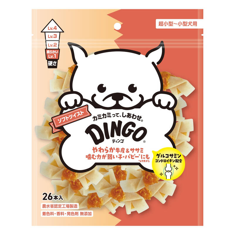 スペクトラムブランズジャパンの一覧はこちら■ やわらか牛皮ガム＆ササミ・噛む力が弱い子、生後4カ月からのパピーにも・牛皮粉砕してシート状に成型。それをリボン型に結わえているから、柔らかいのに意外と長持ち・グルコサミン＆コンドロイチン配合・硬さレベル：1(やわらかい)・着色料・香料・発色剤　無添加・オリゴ糖　配合・農水省認定工場製造【原産国】中国【原材料・成分】鶏ササミ、牛皮、タピオカ澱粉、オリゴ糖、グルコサミン、コンドロイチン、増粘安定剤(グリセリン、アルギン酸Na)、食塩、保存料(ソルビン酸K)、酸味料(クエン酸)【保証成分】粗タンパク質50.0％以上、粗脂肪0.1％以上、粗繊維3.0％以下、粗灰分3.5％以下、水分12.0％以下【エネルギー】286kcal/100g【給与方法】・生後4か月以上の犬に与えてください。・丸呑みして喉に詰まらせないよう注意しながらお与えください。・与えすぎにご注意ください。・初めて与える場合は、微量とし徐々に増やしながら慣れさせてください。【保管方法】・開封後はチャックを閉じて、冷蔵庫に保存し、なるべく早く使い切ってください。【賞味／使用期限（未開封）】24ヶ月【ご注意】・犬以外に食べさせないでください。・天然原料使用のため、形・サイズ・色・硬さに多少差があります。また、フードの黒い部分や窪みは加熱によるもので、品質に異常ありません。・フードの白い粉は原料成分が熱により析出したもので、品質には異常ありません。・体質や体調に合わない場合は使用を中止し、異常があれば獣医師にご相談ください。JANCD:4571269546777【銀行振込・コンビニ決済】等前払い決済予定のお客様へ当商品は弊社在庫品ではなく、メーカー在庫品です。在庫確認後に注文確認を行い、お支払いのお願いを送信させて頂きます。休業日、14:00以降のご注文の場合は翌営業日に上記手続きを行います。お時間が掛かる場合がございます。