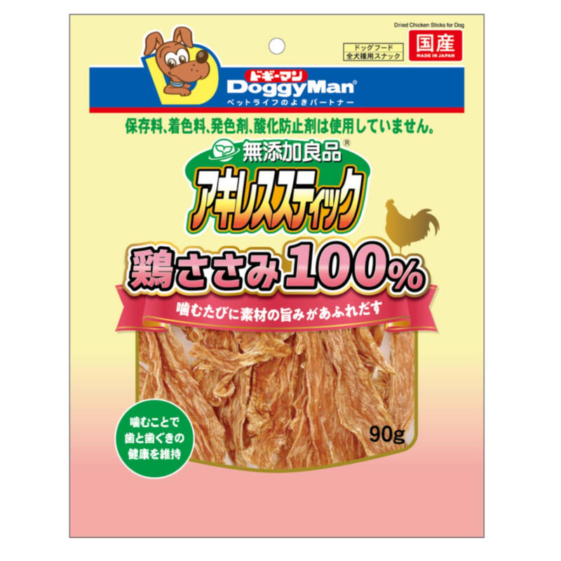 ドギーマンハヤシの一覧はこちら■ 噛むたびに素材の旨みがあふれだす！・良質な鶏ササミを噛み応えのあるハードな鶏ササミのスティックに仕上げました。・鶏肉の中で最も低脂肪＆ヘルシーな鶏ササミを100％使用。素材そのままのギュッと凝縮された旨みと香りが味わえます。・タンパク質をおいしく補給しながら、繰り返し噛むことで歯と歯ぐきを鍛えます。・おいしさと安心感にこだわり、保存料、着色料、発色剤、酸化防止剤を使わずに作りました。【原産国】日本【原材料・成分】鶏ササミ【保証成分】粗タンパク質70.0％以上、粗脂肪2.0％以上、粗繊維1.0％以下、粗灰分7.0％以下、水分20.0％以下【エネルギー】350kcal/100g【給与方法】・パッケージ記載の目安給与量を参考に1日1～数回に分け、おやつとして与えてください。・給与量は犬によって個体差が生じます。食べ残しや便の様子、健康状態を見て調節してください。・2ヶ月未満の幼犬には与えないでください。・犬の習性や性格、食べ方によっては、のどに詰まらせたり、丸のみする恐れがあります。適切な大きさにして与えてください。・開封までのおいしさを保つ為に、脱酸素剤が入ってます。無害ですが食品ではありません。誤飲防止のため、開封後はすぐに取り除き捨ててください。【保管方法】・本品は、保存料・着色料・発色剤・酸化防止剤の添加物を使用していません。・お買い上げの後は直射日光・高温多湿の場所を避けて保存してください。・開封後は密封の上冷蔵し、賞味期限に関わらず早めに与えてください。【賞味／使用期限（未開封）】12ヶ月【ご注意】・ペットフードとしての用途をお守りください。・幼児や子供、ペットの触れない場所で保存してください。・記載表示を参考に、ペットが食べ過ぎないようにして下さい。・必ず様子を見ながら与えてください。・子供がペットに与えるときは、安全のため大人が立ち会ってください。・ペットが興奮したりしないよう、落ち着いた環境で与えてください。・ペットの体調が悪くなったときには、獣医師に相談して下さい。※天然素材を使用しているため、色・形・硬さにバラつきが生じる場合がありますが、品質に問題ありません。JANCD:4976555827866【銀行振込・コンビニ決済】等前払い決済予定のお客様へ当商品は弊社在庫品ではなく、メーカー在庫品です。在庫確認後に注文確認を行い、お支払いのお願いを送信させて頂きます。休業日、14:00以降のご注文の場合は翌営業日に上記手続きを行います。お時間が掛かる場合がございます。※本文内の【賞味期限】について製造日からの期限を記載しております。注文日からの期限ではございませんので、ご注意ください。また勝手ながら、製造日・賞味期限の指定はお断りしております。