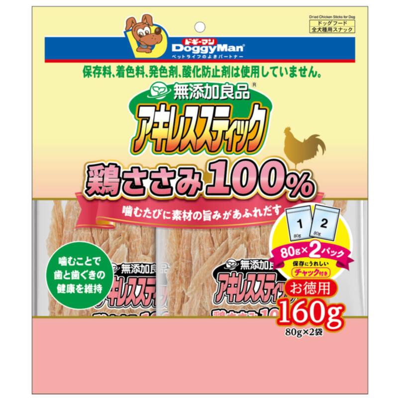 ドギーマンハヤシの一覧はこちら■ 噛むたびに素材の旨みがあふれだす！・良質な鶏ササミを噛み応えのあるハードな鶏ササミのスティックに仕上げました。・鶏肉の中で最も低脂肪＆ヘルシーな鶏ササミを100％使用。素材そのままのギュッと凝縮された旨みと香りが味わえます。・タンパク質をおいしく補給しながら、繰り返し噛むことで歯と歯ぐきを鍛えます。・おいしさと安心感にこだわり、保存料、着色料、発色剤、酸化防止剤を使わずに作りました。【原産国】中国【原材料・成分】鶏ササミ【保証成分】粗たん白質70.0％以上、粗脂肪0.5％以上、粗繊維1.0％以下、粗灰分7.0％以下、水分18.0％以下【エネルギー】350kcal/100g【給与方法】・パッケージ記載の目安給与量を参考に1日1～数回に分け、おやつとして与えてください。・給与量は犬によって個体差が生じます。食べ残しや便の様子、健康状態を見て調節してください。・2ヶ月未満の幼犬には与えないでください。・犬の習性や性格、食べ方によっては、のどに詰まらせたり、丸のみする恐れがあります。適切な大きさにして与えてください。・開封までのおいしさを保つ為に、脱酸素剤が入ってます。無害ですが食品ではありません。誤飲防止のため、開封後はすぐに取り除き捨ててください。【保管方法】・本品は、保存料・着色料・発色剤・酸化防止剤の添加物を使用していません。・お買い上げの後は直射日光・高温多湿の場所を避けて保存してください。・開封後は密封の上冷蔵し、賞味期限に関わらず早めに与えてください。【賞味／使用期限（未開封）】18ヶ月【ご注意】・ペットフードとしての用途をお守りください。・幼児や子供、ペットの触れない場所で保存してください。・記載表示を参考に、ペットが食べ過ぎないようにして下さい。・必ず様子を見ながら与えてください。・子供がペットに与えるときは、安全のため大人が立ち会ってください。・ペットが興奮したりしないよう、落ち着いた環境で与えてください。・ペットの体調が悪くなったときには、獣医師に相談して下さい。※天然原料を使用しているため、色・形・硬さにバラつきが生じる場合がありますが、品質には問題ありません。JANCD:4976555828917【銀行振込・コンビニ決済】等前払い決済予定のお客様へ当商品は弊社在庫品ではなく、メーカー在庫品です。在庫確認後に注文確認を行い、お支払いのお願いを送信させて頂きます。休業日、14:00以降のご注文の場合は翌営業日に上記手続きを行います。お時間が掛かる場合がございます。※本文内の【賞味期限】について製造日からの期限を記載しております。注文日からの期限ではございませんので、ご注意ください。また勝手ながら、製造日・賞味期限の指定はお断りしております。