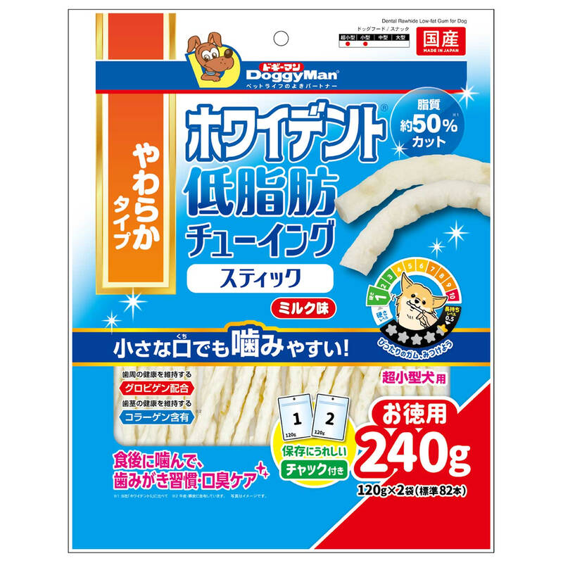 ドギーマンハヤシの一覧はこちら■ 食後に噛んで歯みがき習慣！口臭ケア！・適度な粘りでしっかり長く噛める、スティック形状のガムです。・やわらかタイプで超小型犬の小さな口でも噛みやすい形状。・噛むことで歯垢の沈着を抑え口臭を軽減します。・メーカー「ホワイデントS」と比較して脂質約50％カットの低脂肪タイプ。・歯周の健康を維持するグロビゲン配合。・甘い香りが食欲をそそるミルク味。【原産国】日本【原材料・成分】肉類(牛皮、豚皮)、植物油脂、卵黄粉末(グロビゲン)、加工でん粉、ソルビトール、グリセリン、増粘安定剤(メチルセルロース、セルロース、カラギナン)、pH調整剤、酸化防止剤(ビタミンE)、保存料(ソルビン酸)、香料、着色料(酸化チタン)、トレハロース【保証成分】粗たん白質5.0％以上、粗脂肪0.1％以上、粗繊維3.0％以下、粗灰分2.5％以下、水分28.0％以下【エネルギー】320kcal/100g【給与方法】・商品記載の目安給与量を参考に1日1～数回に分け、おやつとして与えてください。【保管方法】・お買い上げ後は直射日光、高温多湿の場所を避けて保存してください。・開封後は密封の上冷蔵し、賞味期限に関わらず早めに与えてください。【賞味／使用期限（未開封）】12ヶ月【ご注意】・ペットフードとしての用途をお守りください。・幼児や子供、ペットの触れない場所で保存してください。・記載表示を参考に、ペットが食べ過ぎないようにしてください。・必ず様子を見ながら与えてください。・子供がペットに与えるときは、安全のため大人が立ち会ってください。・ペットが興奮したりしないよう、落ち着いた環境で与えてください。・ペットが体調が悪くなったときには、獣医師に相談してください。JANCD:4976555829402【銀行振込・コンビニ決済】等前払い決済予定のお客様へ当商品は弊社在庫品ではなく、メーカー在庫品です。在庫確認後に注文確認を行い、お支払いのお願いを送信させて頂きます。休業日、14:00以降のご注文の場合は翌営業日に上記手続きを行います。お時間が掛かる場合がございます。※本文内の【賞味期限】について製造日からの期限を記載しております。注文日からの期限ではございませんので、ご注意ください。また勝手ながら、製造日・賞味期限の指定はお断りしております。