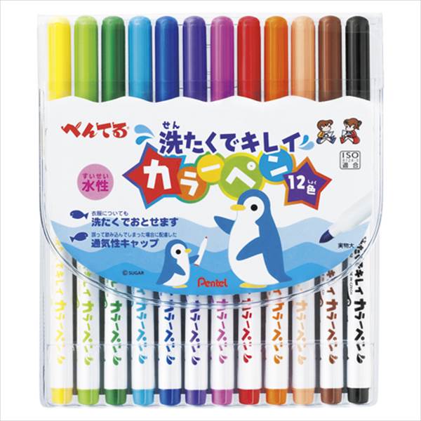 ぺんてるの一覧はこちら服にインキが付いても、洗って落とせるスグレモノ。子どもでも握りやすい三角柱型。●仕様：12色セット●線幅：1．5mm●長：162mm●インク種類：水性染料●セット内容：6色セット＋茶色，ペールオレンジ，橙色，紫，青，黄緑【品番】SCS2-12【インク色】6色セット＋茶色，ペールオレンジ，橙色，紫，青，黄緑【入数】1セットJANCD:4902506268556【銀行振込・コンビニ決済】等前払い決済予定のお客様へ当商品は弊社在庫品ではなく、メーカー在庫品です。在庫確認後に注文確認を行い、お支払いのお願いを送信させて頂きます。休業日、14:00以降のご注文の場合は翌営業日に上記手続きを行います。お時間が掛かる場合がございます。