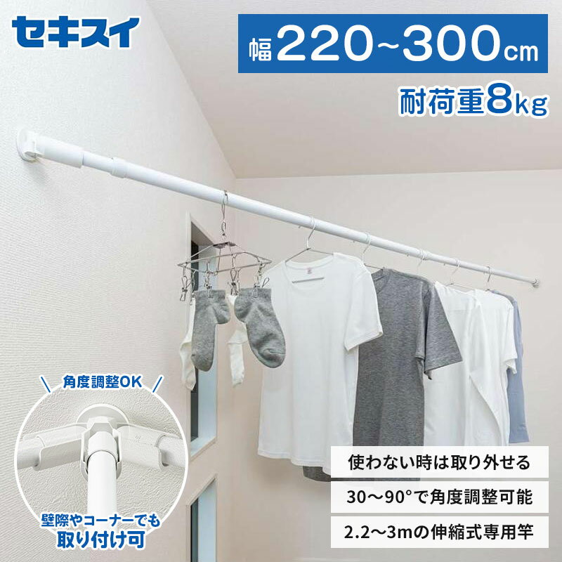 セキスイ 壁面取付ものほし HTM-1 幅 220～300cmcm 耐荷重8kg 竿付き 伸縮タイプ 角度調整可能 取り外..
