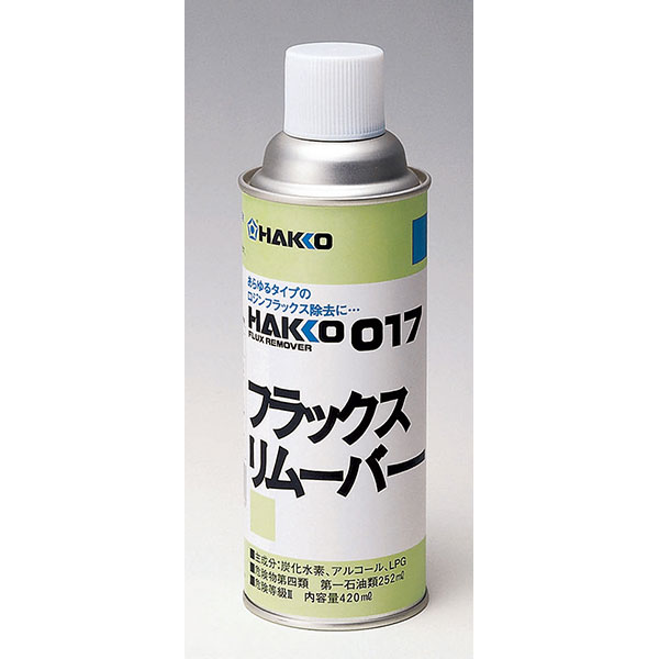 HAKKO(白光)の一覧はこちら□成分：ヘプタン（30～40%)、エタノール（20～30%)、プロピルアルコール（0.1～10%)、イソプロピルアルコール（1～5%未満）□内容量：380g(420mL)□はんだ付け後のフラックスを除去するフラックスリムーバー□速乾性でブラシでこする必要なく、ノンフロン・ノンエタン□低臭気で刺激臭が少ないタイプ□保管に関する法令：危険物第4類第一石油類（非水溶性）※アクリル樹脂、ポリカーボネート、ポリエチレン、ABS樹脂等は溶ける恐れがありますので、材質を確認の上ご使用ください。JANCD:4962615011993【銀行振込・コンビニ決済】等前払い決済予定のお客様へ当商品は弊社在庫品ではなく、メーカー在庫品です。在庫確認後に注文確認を行い、お支払いのお願いを送信させて頂きます。休業日、14:00以降のご注文の場合は翌営業日に上記手続きを行います。お時間が掛かる場合がございます。