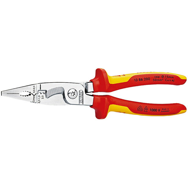 KNIPEX(クニペックス)の一覧はこちら□ヘッド仕上げ：クロムメッキ□ハンドル仕様：1000V絶縁(VDE絶縁テスト済み)□スタイル：平口□つかみ面：フラット・横すじ入り□一芯導線の絶縁被覆ストリッピング可能範囲(mm2)：0.75-1.5/2.5□容量(mm2)：0.5-2.5□切断能力(銅(多芯)：φmm)：15□切断能力(銅(多芯)：mm2)：50□AWG：1/0□全長(mm)：200□質量(g)：280□材質はオイル焼き入れ焼き戻し処理済みの高級特殊工具鋼。□鍛造により大変頑丈です。□DIN EN/IEC60900基準に適合。□二種類の素材から成る1000V絶縁ハンドルは赤と黄のツートンカラーを採用することで、非絶縁ツールとの差別化を図っています。□電気工事用マルチファンクションプライヤー。□平材および丸材の掴み、曲げ、バリ取り、ケーブルの切断、剥ぎ取り、エンドスリーブの圧着に使用します。□1つのプライヤーに6つの機能。□単線に傷なく掴むため、先端部の掴み面が滑らかになっています。□平材および丸材を掴むための掴み面とパイプグリップは鋸歯状になっています。□プライヤーを完全に開くことなく掴みます。□切刃は閉じたまま保護されます。□ワークへ届きやすいスリムな構造です。□ねじ式ジョイントにより、プライヤーの動きに遊びがなく精密です。□電気工事のあらゆる作業に最適。※スチールワイヤーの切断はできません。JANCD:4003773075288【銀行振込・コンビニ決済】等前払い決済予定のお客様へ当商品は弊社在庫品ではなく、メーカー在庫品です。在庫確認後に注文確認を行い、お支払いのお願いを送信させて頂きます。休業日、14:00以降のご注文の場合は翌営業日に上記手続きを行います。お時間が掛かる場合がございます。
