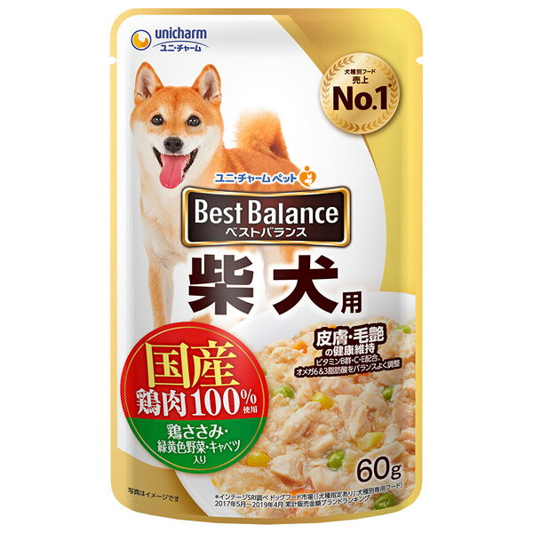 ユニ・チャーム:ベストバランス パウチ柴犬用鶏ささみ・緑黄色野菜・キャベツ入り 60g 452069