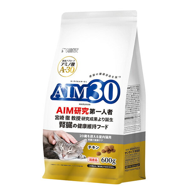 マルカンの一覧はこちら■商品特徴AIMの働きを助けるアミノ酸「A-30」*1を配合した猫の健康維持をサポートする総合栄養食です。室内で過ごす18歳以上のシニア猫の健康に配慮し低脂肪に調整*2。下部尿路の健康維持のためマグネシウム、リン、カルシウムを調整し*3、食物繊維の配合により体内の毛玉を無理なく排出します。オメガ3脂肪酸を含んだアマニが皮膚被毛の健康をサポートし、健康を維持する事で免疫をサポートするアガリクスや抗酸化成分があるセサミンを配合しています。(*1 「A-30」は宮崎徹教授のAIM研究の成果を基に開発されたアミノ酸です。)(*2室内成猫用比 95％)(*3 マグネシウム約0.085％、リン約0.9％、カルシウム約1.0％腎臓の健康維持に配慮し、ナトリウムの含有量を調整 標準0.37％)さらに5つの健康サポート■毛玉おからに含まれる食物繊維の力で毛玉の自然な排出をサポート■おなかおなかの健康をサポートする乳酸菌を配合■下部尿路猫の下部尿路の健康維持に配慮したマグネシウム設計■免疫力アガリクス、セサミン配合で健康維持により免疫力を保ちます■皮膚被毛皮膚・被毛の健康維持の為にオメガ3を含んだローストアマニを配合■原材料(成分)トウモロコシ、グルテンミール、チキン、ビーフ、ポーク、動物性油脂、小麦粉、フィッシュエキス、ローストアマニ、食物繊維、植物性油脂、酵母、チキンレバーパウダー、おからパウダー、まぐろ・かつお削りぶしパウダー、乳酸菌、アガリクス、クランベリー、セサミン、ミネラル類(P、Na、Cl、Ca、K、Zn、Fe、Cu、Co、Mn、I)、アミノ酸類(シスチン、メチオニン、タウリン)、ビタミン類(A、B1、B2、B6、B12、C、D3、E、K3、コリン、ニコチン酸、パントテン酸、ビオチン、葉酸)、調味料、酸化防止剤(ミックストコフェロール、ハーブ抽出物)■保証成分たん白質28.5％以上、脂質10.0％以上、粗繊維4.0％以上、灰分9.0％以下、水分10.0％以下■エネルギー315kcal/100g■給与方法1-2kg：20〜32g、2-3kg：32〜42g、3-4kg：42〜51g、4-5kg：51〜59g、5-6kg：59〜67g、6-7kg：67〜74g■賞味／使用期限(未開封)18ヶ月■原産国または製造地日本■一般分類1：食品(総合栄養食)【商品サイズ】縦(mm)　150横(mm)　290高さ(mm)　80【商品重量】重量(g)　620JANCD：4973321943188【銀行振込・コンビニ決済】等前払い決済予定のお客様へ当商品は弊社在庫品ではなく、メーカー取寄せ品でございます。在庫確認後に注文確認を行い、お支払いのお願いを送信させて頂きます。休業日、13:00以降のご注文の場合は翌営業日に上記手続きを行います。お時間が掛かる場合がございます。