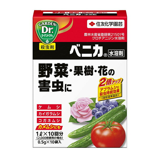 住友化学園芸の一覧はこちら有効成分が植物体内にゆきわたり殺虫効果が持続します。野菜・果樹・花の害虫に。野菜・果樹・花など幅広い植物に使用できます。野菜のトマト、きゅうり、なすをはじめ、果樹では、うめ、かき、かんきつ、ブルーベリーまで幅広く使えます。有効成分が葉や茎から吸収されて植物体内にゆきわたり、殺虫効果が持続する（アブラムシで約1カ月）すぐれた浸透移行性殺虫剤です。植物の汁を吸う害虫はもとより、葉を食害する害虫や甲虫類にも優れた防除効果を現します。新しい作用性をもつ成分が、従来の薬剤に抵抗性を持った害虫にも高い効果を発揮します。●有効成分：クロチアニジン。●農林水産省登録：第21501号。●性状：青緑色水溶性細粒。●剤型：水溶剤。クロチアニジン。野菜・果樹・花など幅広い植物に使用できます。野菜のトマト、きゅうり、なすをはじめ、果樹では、うめ、かき、かんきつ、ブルーベリーまで幅広く使えます。有効成分が葉や茎から吸収されて植物体内にゆきわたり、殺虫効果が持続する（アブラムシで約1カ月）すぐれた浸透移行性殺虫剤です。また、有効成分は葉の表から裏に移行しますので葉裏に隠れている害虫など直接殺虫剤がかかりにくいところにいる害虫も効果的に退治します。植物の汁を吸う害虫（アブラムシ、コナジラミ、カイガラムシ、カメムシ等）はもとより、葉を食害する害虫（ケムシ等）や甲虫類（カミキリムシ、コガネムシ等）にも優れた防除効果を現します。新しい作用性をもつ成分が、従来の薬剤に抵抗性を持った害虫にも高い効果を発揮します。顆粒水溶剤のため、粉立ちが少なく水に溶けやすく扱いやすいです。JANCD：4975292602552【銀行振込・コンビニ決済】等前払い決済予定のお客様へ当商品は弊社在庫品ではなく、メーカー取寄せ品でございます。在庫確認後に注文確認を行い、お支払いのお願いを送信させて頂きます。休業日、14:00以降のご注文の場合は翌営業日に上記手続きを行います。お時間が掛かる場合がございます。