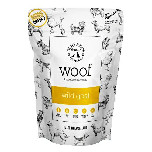 【商品スペック】 ■保証分析値 ( % ) たん白質 62%以上、 脂質 24%以上、 粗繊維 0.9%以下、 水分 4%以下、 オメガ3脂肪酸 0.47%以上、 オメガ6脂肪酸 0.78%以上 ■カロリー： 424kcal/100g ■原材料：野生のヤギ肉 ■内容量：50g ■生産国：ニュージーランド【WOOF】ワフ　ワイルドゴートトリーツ（50g) ニュージーランドで育った野生のヤギ肉を使用☆ 素材本来の風味や栄養素を損ねないよう、フリーズドライ製法で作りました。 たんぱく質・ミネラル・必須脂肪酸などの栄養素を豊富に含むヤギ肉は、飽和脂肪酸が 少ない赤身肉です。 毎日のおやつとしておすすめの、美味しいおやつです。 指で崩すことができるので、フードへのトッピングとしてもお使いいただけます。 【 与え方 】 体重2.5kgにつき、1日1キューブを目安に与えてください。 ※上記はあくまでも目安です。 年齢・生活環境・活動量・健康状態に応じて適宜調節しながら与えてください。 【 保存方法 】 ●必ず乾燥した冷暗所で保管してください。冷蔵庫での保管は避けてください。 ●開封後は30日以内にご使用ください。 【 注意事項 】 ●本製品は犬用トリーツです。 ●おやつやフードへのトッピングとして与えてください。与えすぎにご注意ください。 ●与える際は傍で与え、食べている間はわんちゃんから目を離さないでください。 ●喉に詰まらせないようご注意ください。 ●いつでも水が飲めるよう、新鮮な水をご準備ください。 ●直接トリーツに触れた手は、十分に洗ってください。 【商品スペック】 ■保証分析値 ( % ) たん白質 62%以上、 脂質 24%以上、 粗繊維 0.9%以下、 水分 4%以下、 オメガ3脂肪酸 0.47%以上、 オメガ6脂肪酸 0.78%以上 ■カロリー： 424kcal/100g ■原材料：野生のヤギ肉 ■内容量：50g ■生産国：ニュージーランド