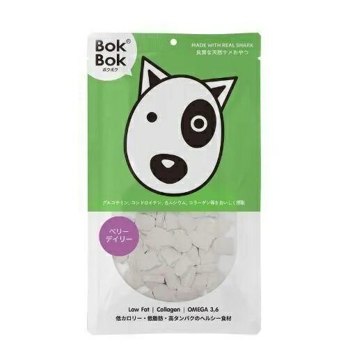 【商品スペック】 ■原材料 ヤギミルク（ゴートミルク）、サメ軟骨、サメ正肉、 ミックスワイルドベリーパウダー、マルトデキストリン、 ショ糖、クリーマー ■保証成分値 粗タンパク質 4.2％以上、 粗脂肪 4.9％以上、 粗繊維 0.5％以下、 粗灰分 2.2％以下、 水分 2.6％以下 ■代謝エネルギー: 376kcal / 100g ■内容量：50g ■原産国：タイ ■賞味期限： 製造日より24ヶ月間（パッケージ裏面に記載）【BokBok】ボクボク　ベリーデイリー（50g） サメ＆ヤギミルクの栄養満点かわいいおやつ♪ 大人気のサメ軟骨素材のおやつに栄養価の高い「ヤギミルク」を合わせたおやつです。 ヤギミルクのほのかな甘みに加え、ベリー系の香りが美味しさを引き立てます。 ◎特徴 ★ほんのり甘みがありミルク好きにはたまらない ★硬さはラムネ菓子・落雁（らくがん）と同じくらい、手で簡単に割ることができる ★水分を加えて柔らかくすることも可能 ◎ボクボクデイリーシリーズ BokBok（ボクボク）は、サメを主原材料に使用したタイ産の犬用おやつです。 サメ肉は低カロリー・低脂質・高たんぱくな素材で、サメ軟骨には自然由来の成分が 含まれています。 また、ヤギミルクを使用したシリーズは、まろやかな味わいとやさしい口あたりが特長。 毎日のご褒美やおやつタイムにも取り入れやすく、幅広い年齢の子に人気です。 【 給餌量（1日あたり）】 体重～5kg：5g程度、 体重5～10kg：10g程度、 体重10～20kg：15g程度、 体重20kg～：20g程度 【 注意事項 】 ・本製品は間食用です。給与量目安を参考に必ず飼い主様の目の届く範囲内で与えてください。 ・小型犬や歯が弱いワンちゃんの場合、細かくちぎってから与えてください。堅くて 食べにくい場合、お湯や水等で少しふやかしてから与えてください。 ・開封後は直射日光や高温多湿の場所を避け早めに与えてください。 ・天然素材の特性上、色・形等にばらつきがありますが、品質には問題ありません。 【商品スペック】 ■原材料 ヤギミルク（ゴートミルク）、サメ軟骨、サメ正肉、ミックスワイルドベリーパウダー、 マルトデキストリン、ショ糖、クリーマー ■保証成分値 粗タンパク質 4.2％以上、 粗脂肪 4.9％以上、 粗繊維 0.5％以下、 粗灰分 2.2％以下、 水分 2.6％以下 ■代謝エネルギー: 376kcal / 100g ■内容量：50g ■原産国：タイ ■賞味期限： 製造日より24ヶ月間（パッケージ裏面に記載）