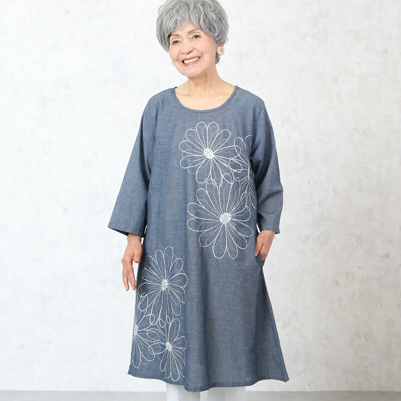 七分袖花刺繍ワンピース シニアファッション レディース 70代 80代 春夏 高齢者 服 おばあちゃん 誕生日 ミセス 女性 婦人 プレゼント