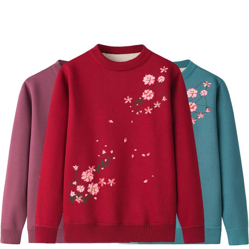 Rakuten - 婦人 花模様 ラウンドネック もこもこ 裏起毛 プルオーバー 長袖 トップス レディース スウェット