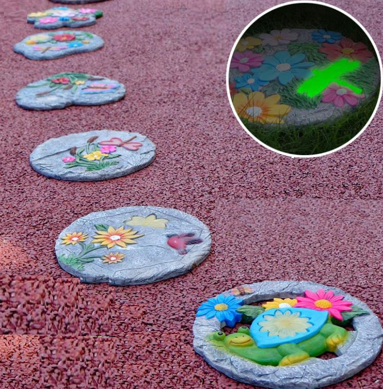 (ピンクの薔薇) カラフルな花 蓄光 ステップストーン 丸太風 踏石 敷石 飛び石 ガーデンオブジェ 3