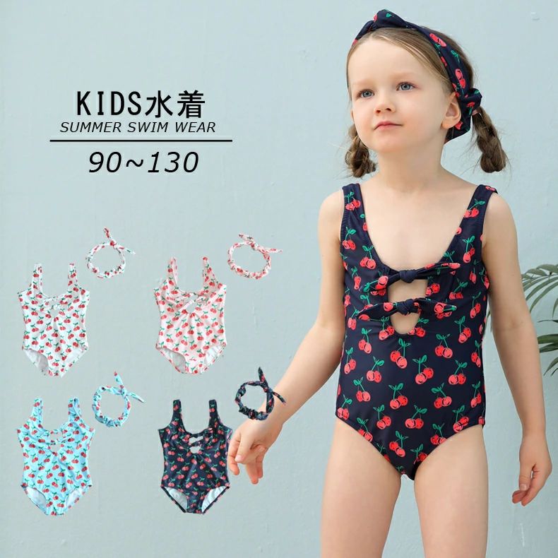 子供用水着 ワンピースタイプ カチューシャ付き 2点セット スイムウェア キッズ 女の子 ガールズ 女子 リボン サクランボ柄 海水浴 プール ビーチ 水遊び リゾート 夏 チェリー かわいい 可愛い 女児 子ども用 こども用 小学生 90cm 100cm 110cm 120cm 130cm