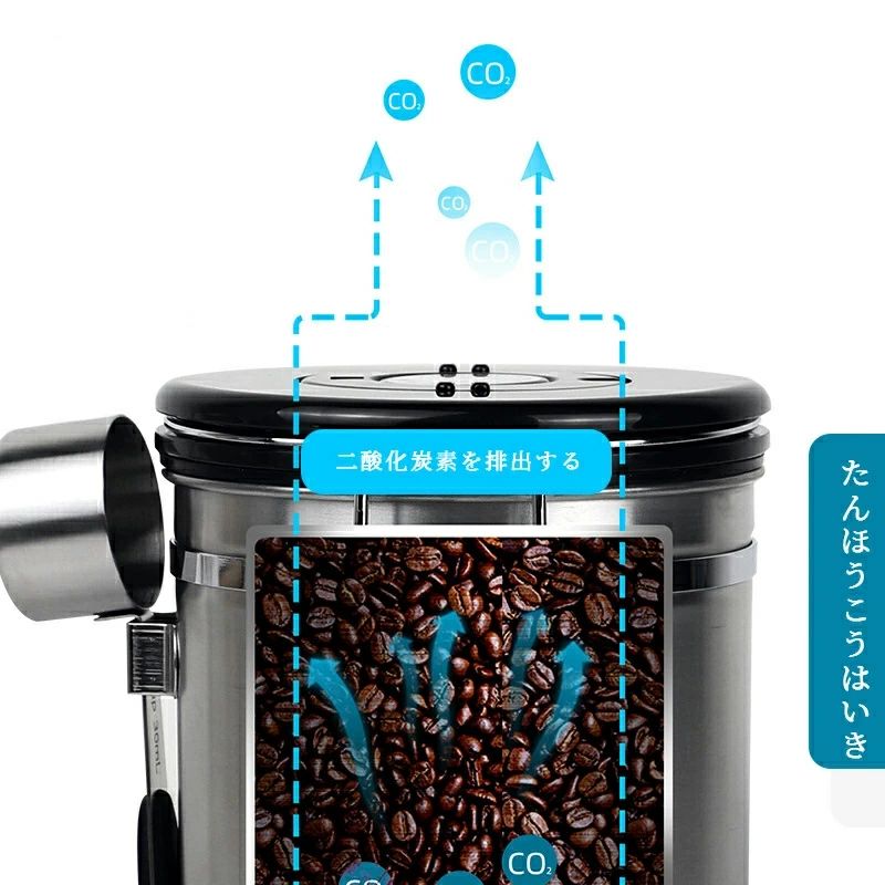 コーヒー密封瓶、ドライフルーツ貯蔵タンク コーヒーキャニスター 金属密封された瓶 304 ステンレス鋼排気バルブ 食品保存容器 蓋密封食品瓶 密封保存缶スプーン付きステンレス ロック式、お茶、コーヒー豆、砂糖、キャンディ、ナッツ、スパイス 3