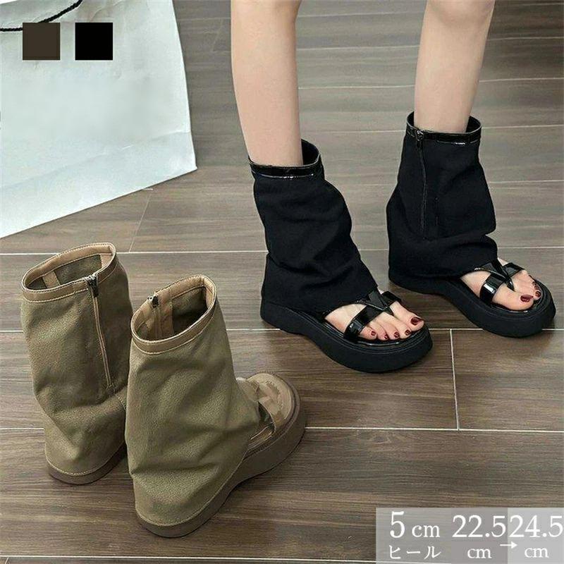 ブーツサンダル レディース サンダルブーツ サンダル付きブーツ ブーツ風サンダル ラウンドトゥ オープントゥサンダル 美脚 脱げない 痛くない 疲れない 安定感抜群 フラットヒール ミドルヒール 5cmヒール 前開き スタイリッシュ 上品 おしゃれ シンプル コーデ