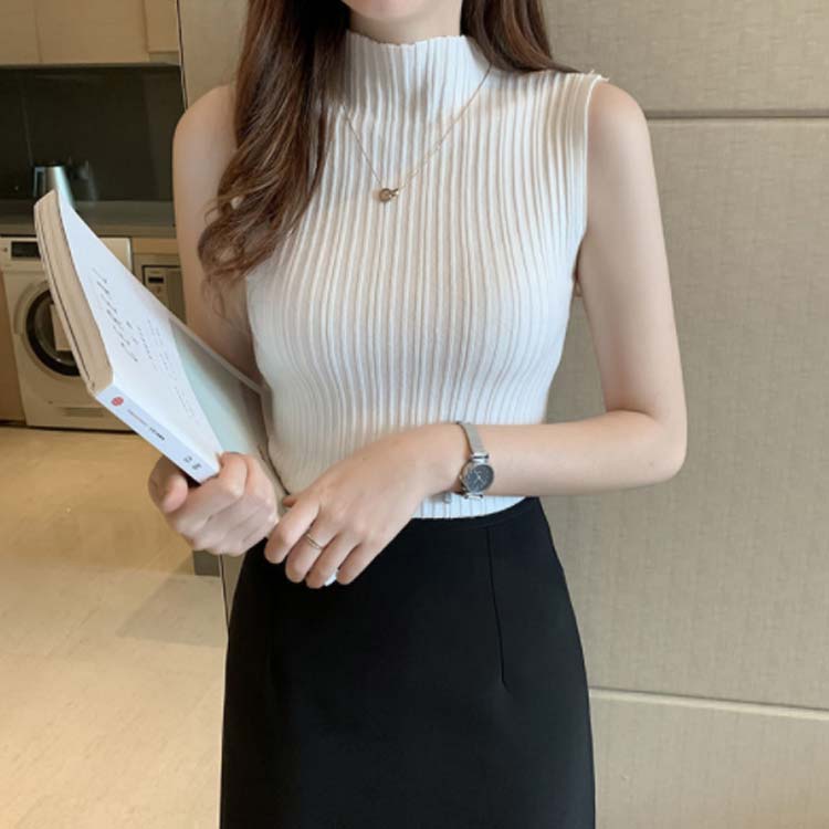 ソウゴウバンジヤのノースリーブニット サマーニット ハイネックニット レディース 全5色 ハイネックノースリーブ プリーツニット ニットタンクトップ インナー サマーニット ストレッチ トップス フィット タートルネック｜アングル3