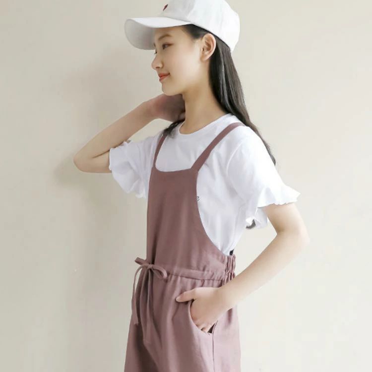 キッズ サロペットパンツ 薄手 夏服 二点セット 女の子 夏 半袖 Tシャツ トップス オーバーオール 子供服 ウエスト紐 シンプル 無地 カジュアル ジュニア 2