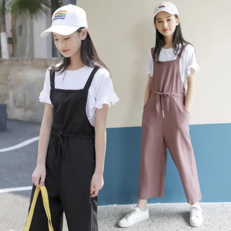 キッズ サロペットパンツ 薄手 夏服 二点セット 女の子 夏 半袖 Tシャツ トップス オーバーオール 子供服 ウエスト紐 シンプル 無地 カジュアル ジュニア 3