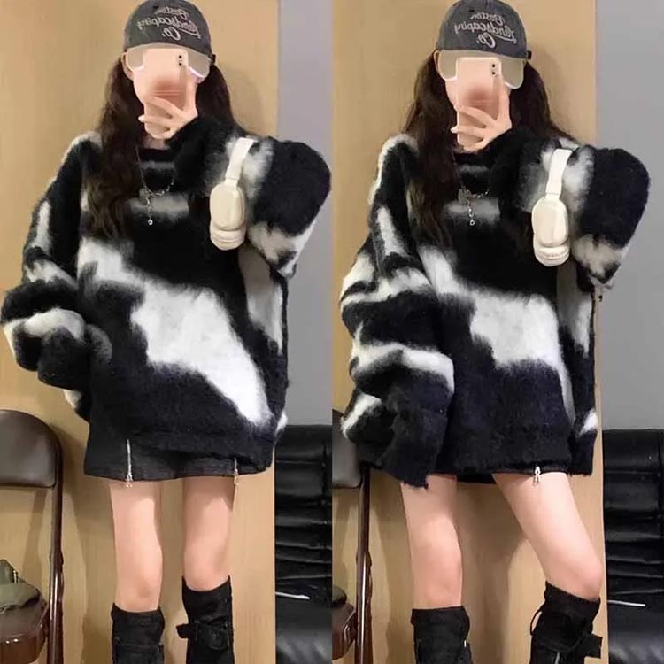 ゆったり カジュアル セーター 厚手 レディース 秋 冬 クルーネック ニット ふわふわ トップス プルオーバー 長袖 セーター ニット ドロップショルダー 可愛い オーバーサイズ もこもこ 体型カバー ボーダー おしゃれ 通勤 通学 ニットセーター code-shop-10010466 ソウゴウバンジヤ サンプル画像2