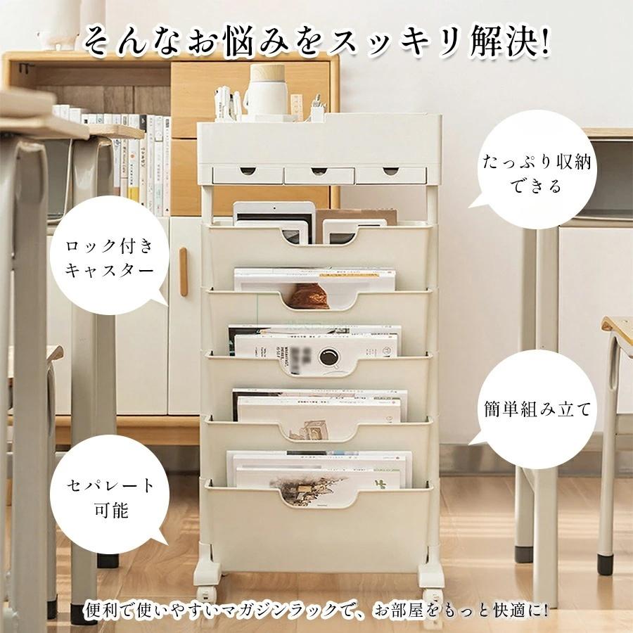 マガジンラック キャスター 6段式 スリム 大容量 サイドワゴン デスクワゴン おしゃれ 北欧 ブックスタンド ファイル カラー ボックス 省スペース 子供部屋 オフィス 教科書 雑誌 収納 テキスト [2]