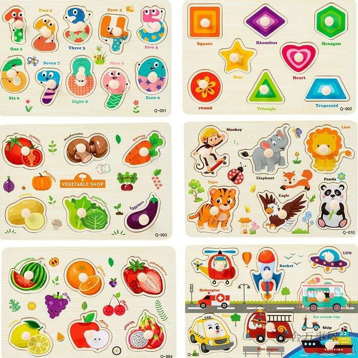 ソウゴウバンジヤの木製パズル6点セット 型はめパズル かたはめパズル 積み木 形合わせ 形認識 パズル 英語おもちゃ 6種類シリーズ 男の子 女の子 カラフル プレゼント クリスマス｜アングル2