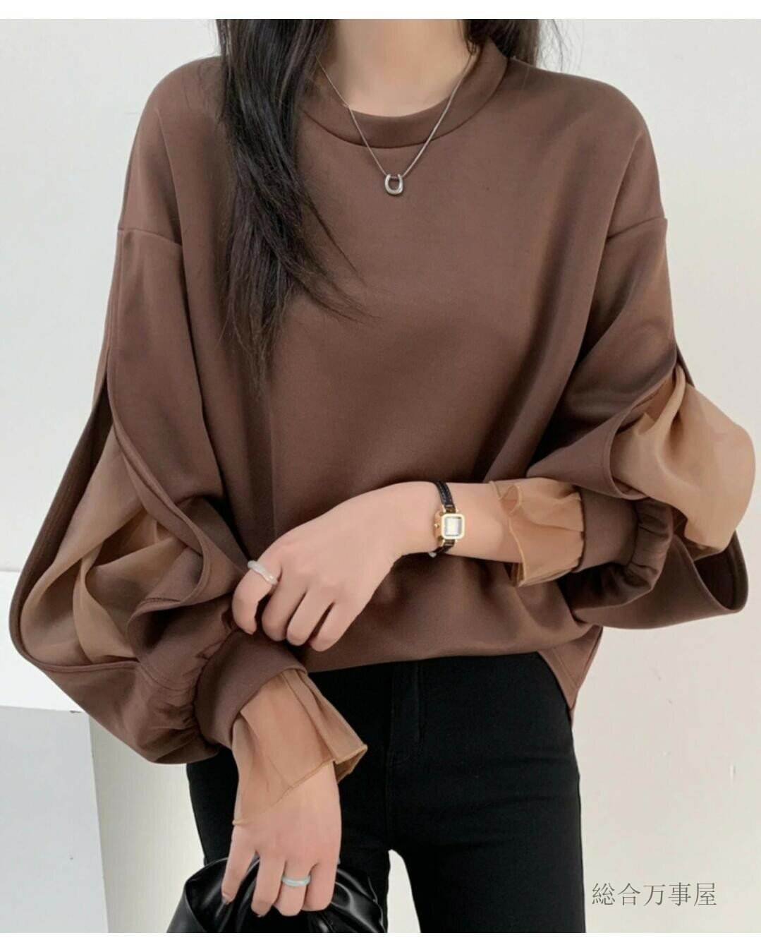 トレーナー レディース カットソー 長袖 スウェット シアー袖 ボリューム袖 シャツ ニット トップス セーター ゆったり 柔らかい 大人 薄手 伸縮性 ナチュラル ネイビー ホワイト 春 秋 冬